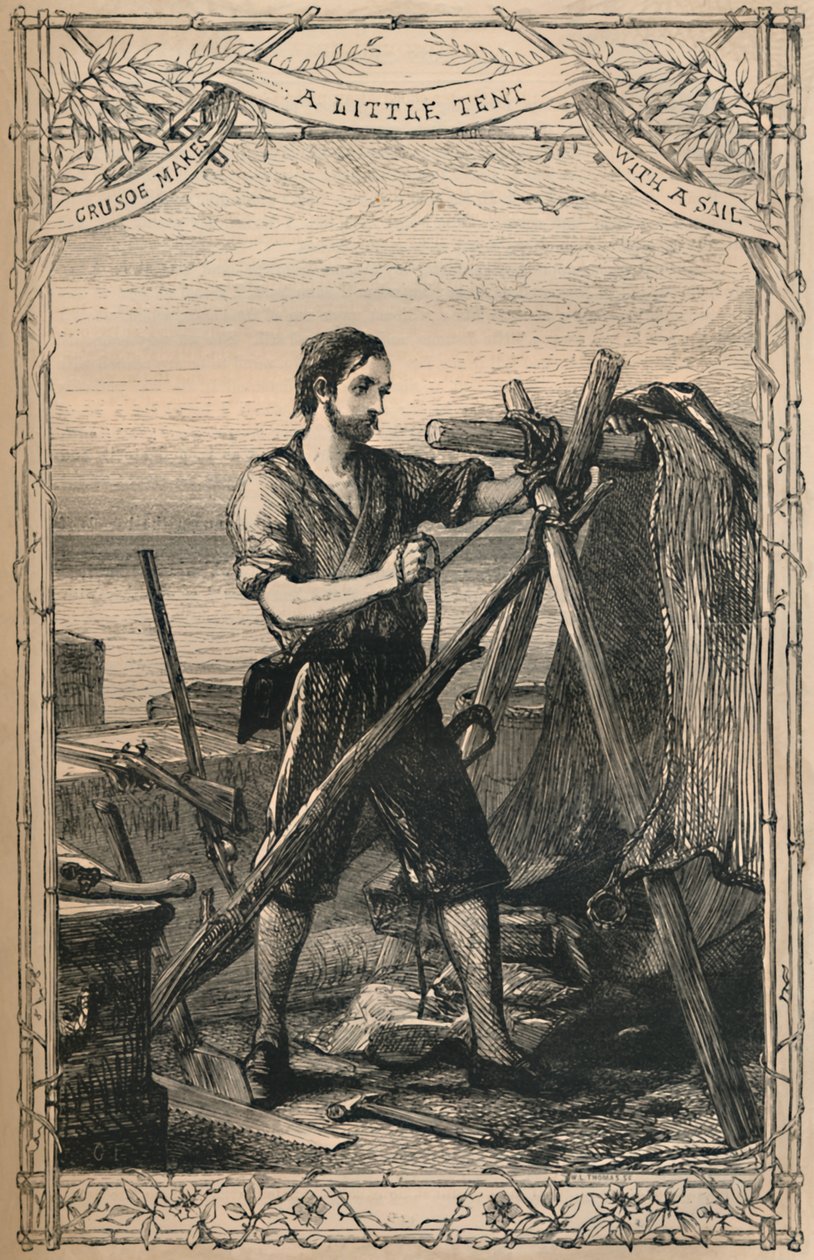 Crusoe hace una pequeña tienda con una vela, c1870 de Unbekannt