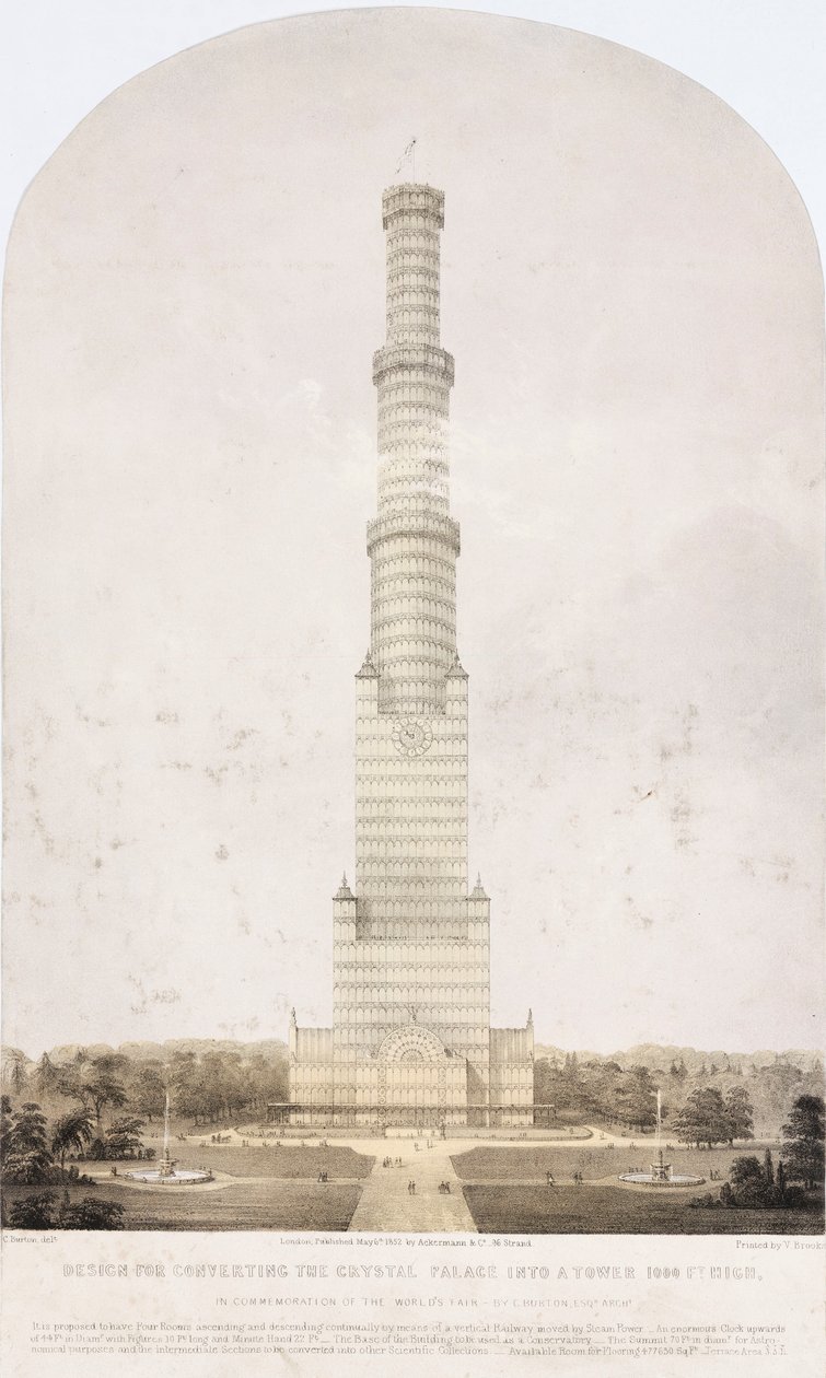 Palacio de Cristal, post-Gran Exposición Diseño para convertir el Palacio de Cristal en una torre de 1000 pies de altura de Unbekannt
