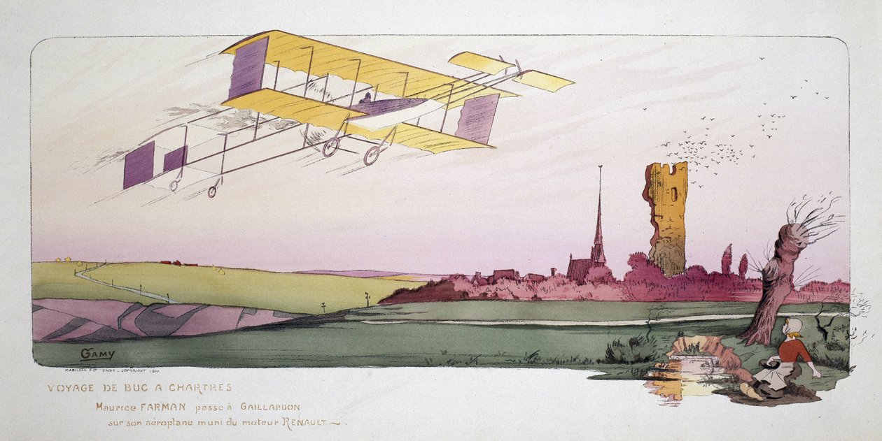 Inicio de la aviación: Maurice Farman (1878-1964) en su avión biplano equipado con un motor Renault durante la carrera "Viaje de Bac a Chartres", hacia 1910 de Unbekannt