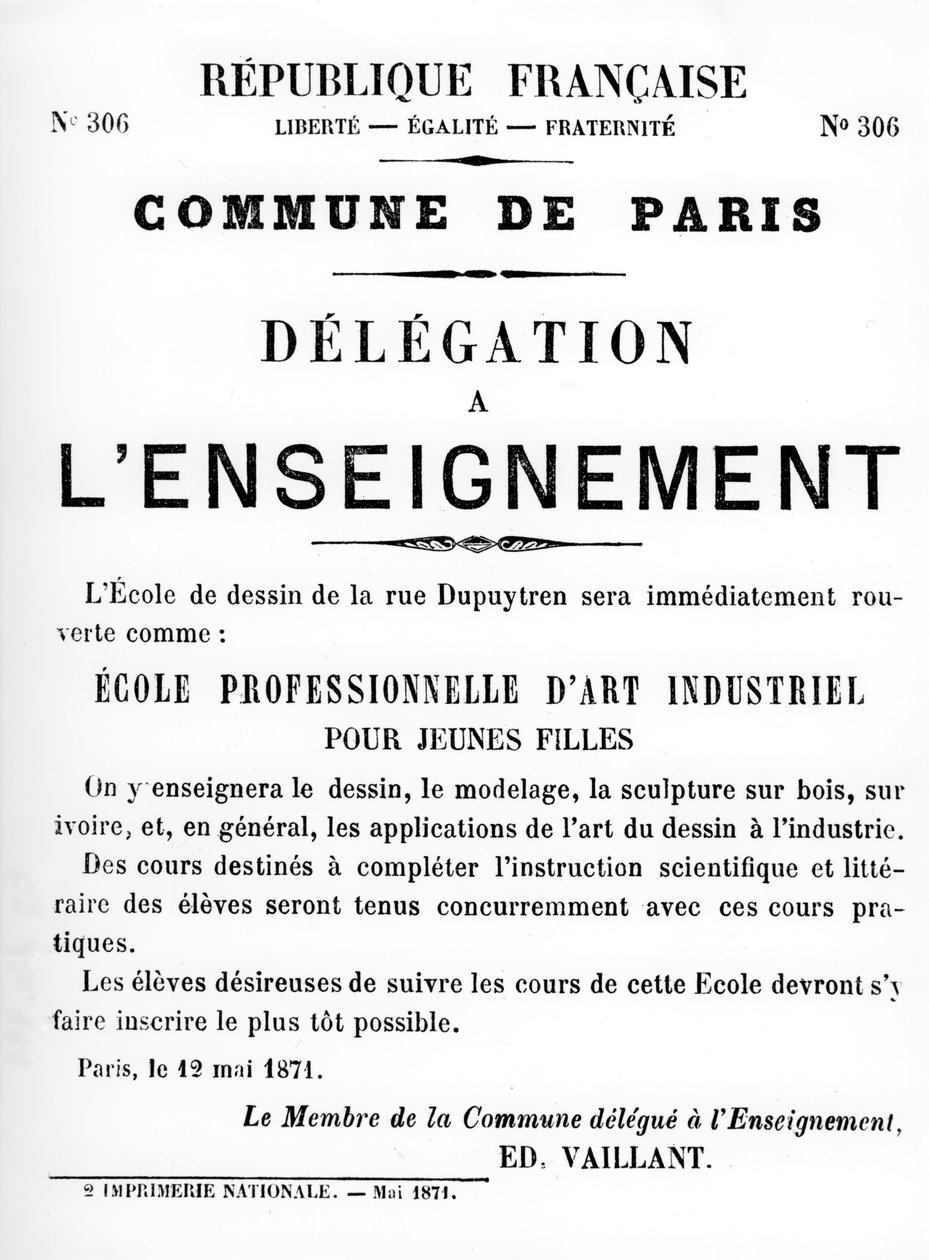 Delegación a la Enseñanza, de los carteles políticos franceses de la Comuna de París, mayo 1871 de Unbekannt