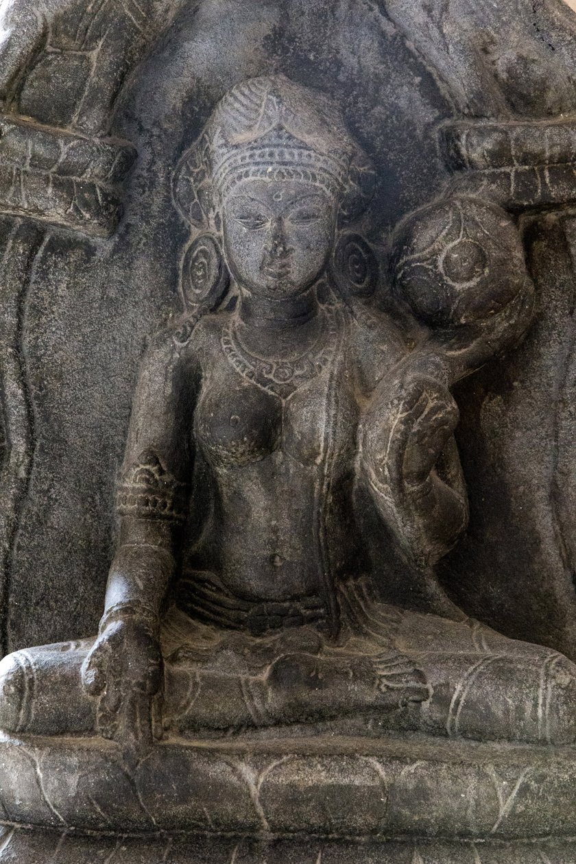 Museo Nacional de India, Delhi. Gaja-Lakshmi (elefantes rociando agua sobre la diosa Lakshmi). Pala, siglo IX d.C. Bihar. Piedra. Detalle. India. de Unbekannt