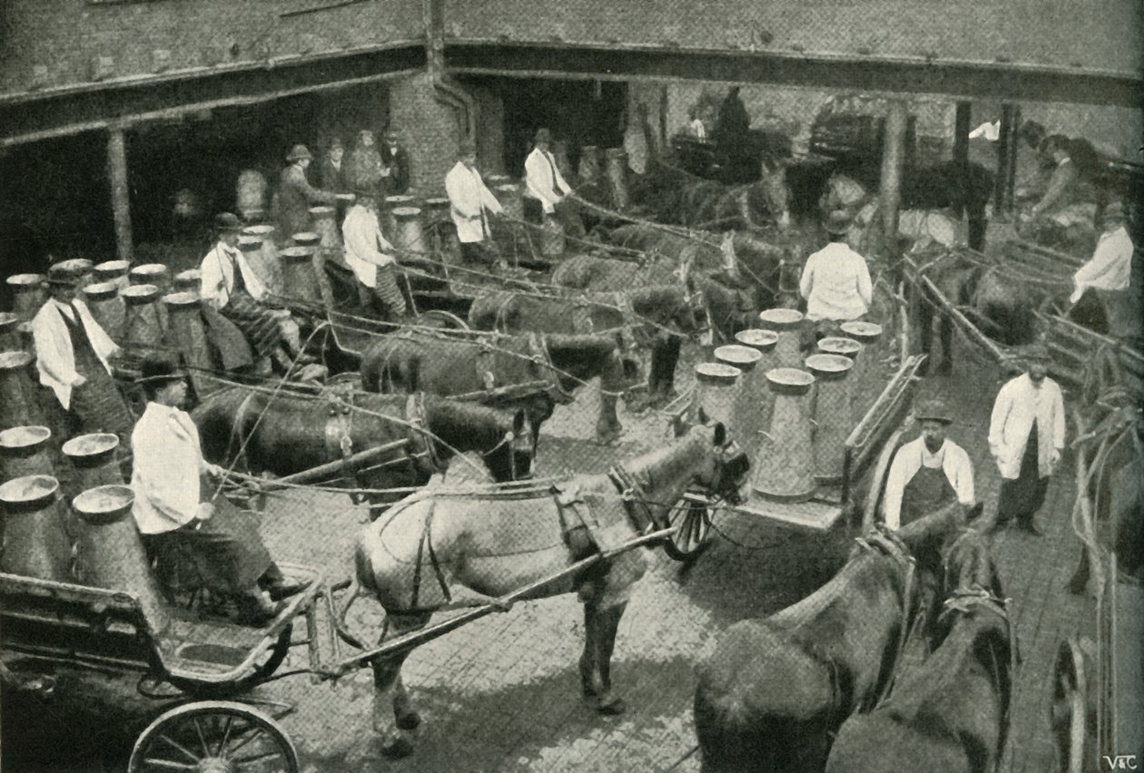 Furgonetas de reparto saliendo del depósito central de Messrs, Freeth y Pococks en Vauxhall, 1902 de Unbekannt