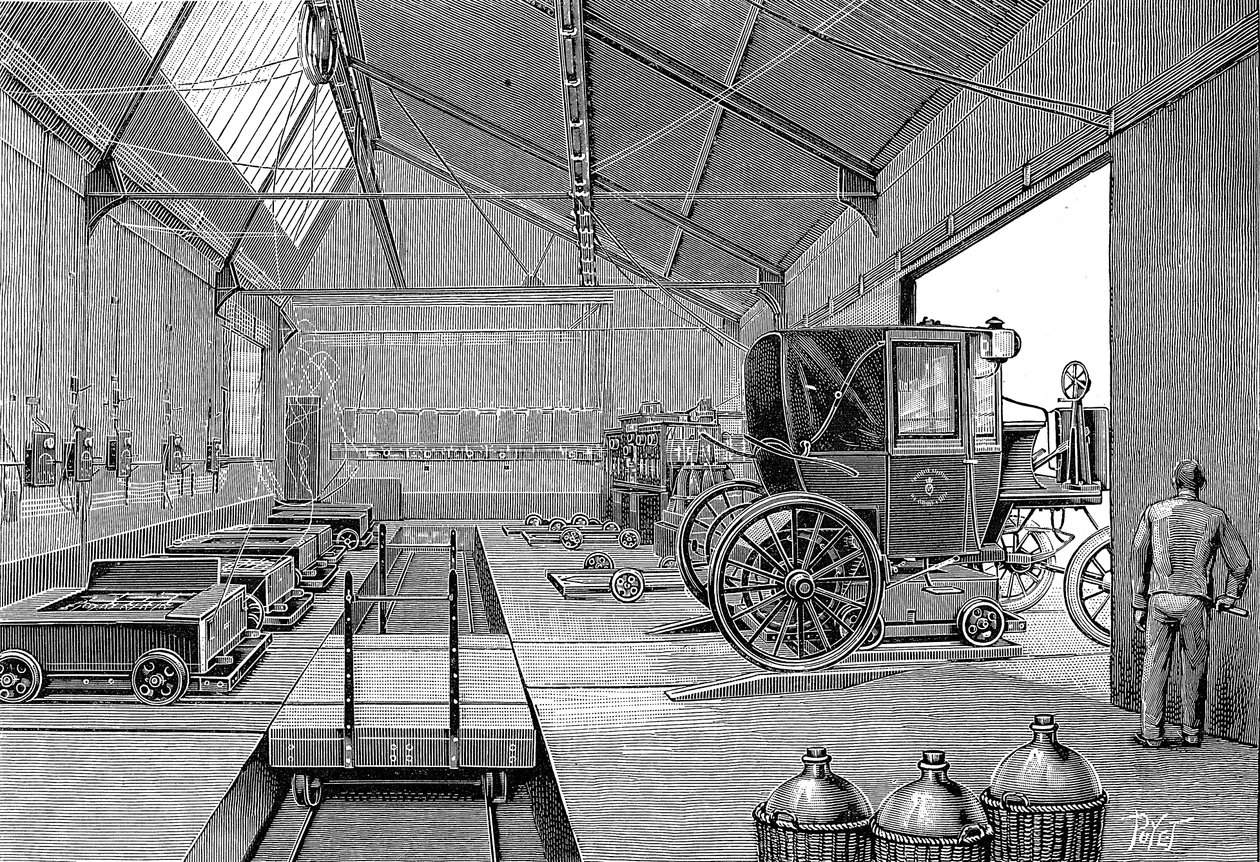 Depósito donde se equipaban los taxis eléctricos de París con baterías recién cargadas, 1899 de Unbekannt