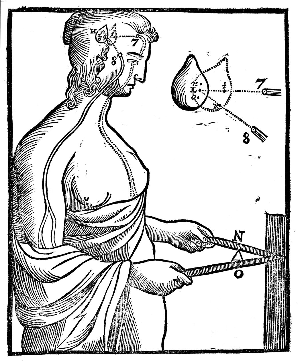 Idea de Descartes de cómo el ojo transmite el impulso al cerebro y así dirige un movimiento voluntario, 1692 de Unbekannt