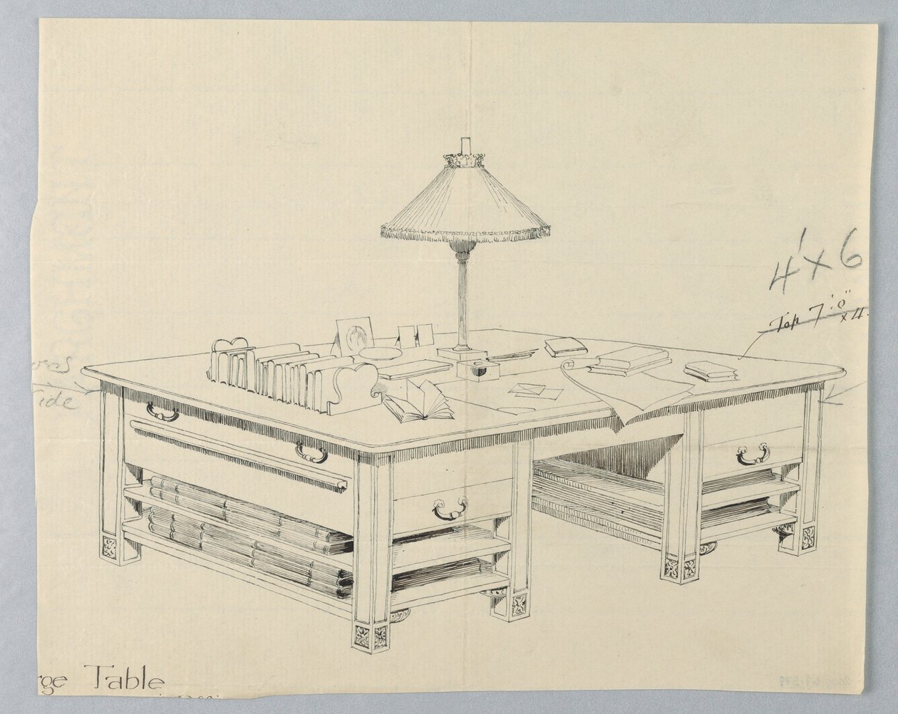 Diseño para mesa de almacenamiento masivo de biblioteca con dos estantes abiertos a cada lado, 1900-05 de Unbekannt