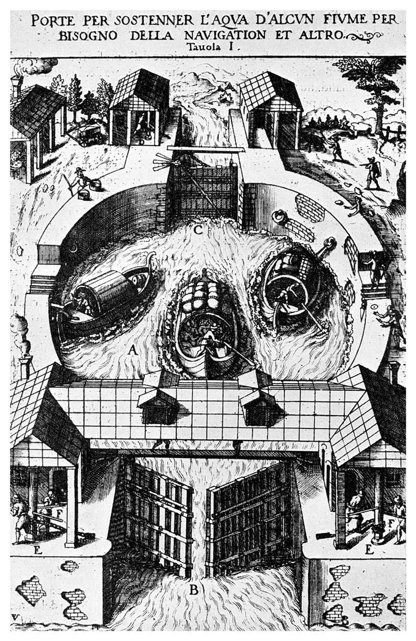 Diseño para compuertas de canal articuladas por Leonardo da Vinci, siglo XV, 1956 de Unbekannt