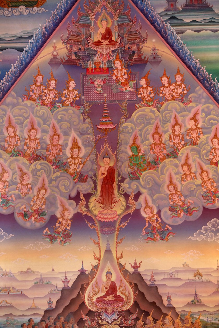 Detalle de una pintura mural en el Uposatha (sala del santuario) del templo Buddhapadipa de Unbekannt