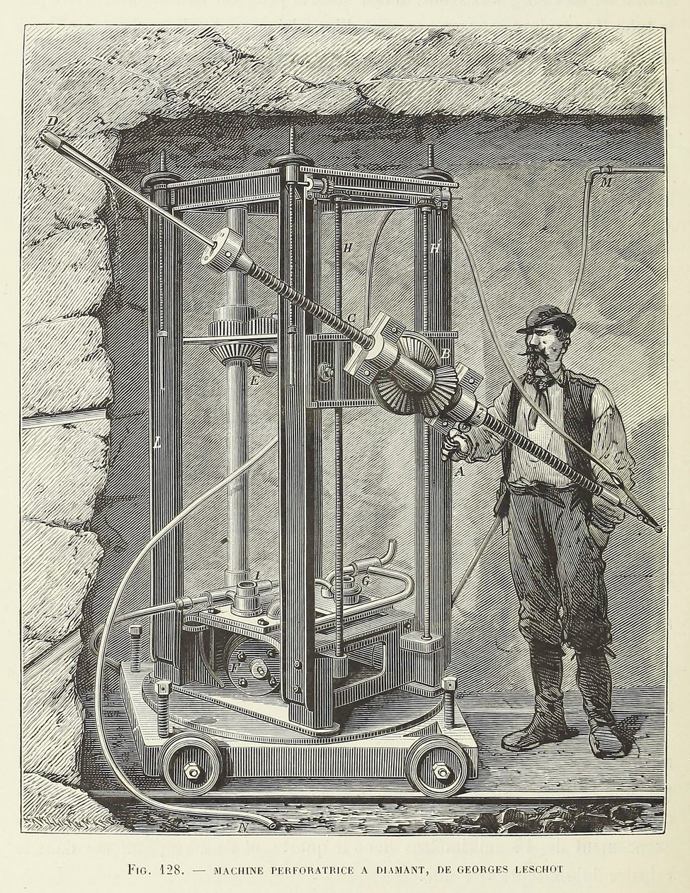 Máquina de Perforación de Diamante diseñada por Georges Leschot, pub. 1883 grabado, 1883 de Unbekannt