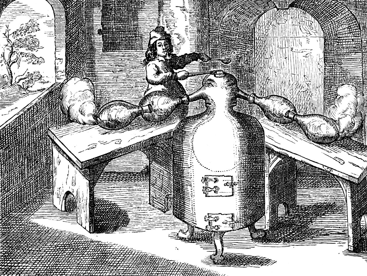 Destilación de ácido nítrico Aqua fortis o ácido de separación en un hombre de hierro con dos narices, 1689 de Unbekannt