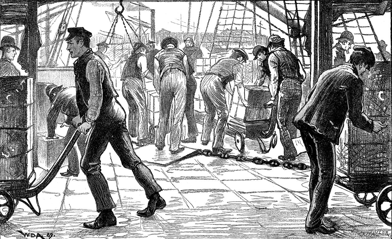 Estibadores descargando té en los muelles de Londres, 1889 de Unbekannt