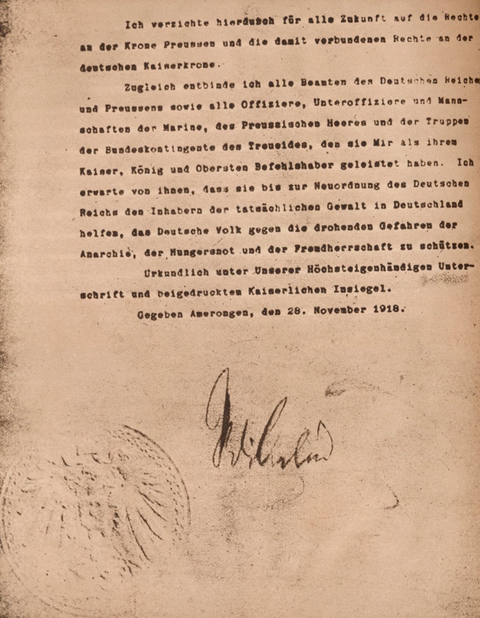 Documento que confirma la abdicación del Kaiser Wilhel II de Alemania, 9 de noviembre de 1918, 1935 de Unbekannt