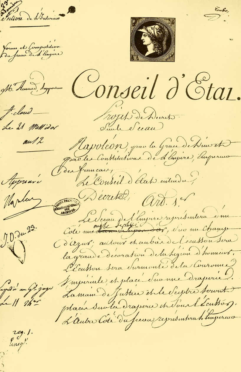 Borrador del decreto sobre la forma y composición del sello imperial, 10 de julio de 1804, 1921 de Unbekannt