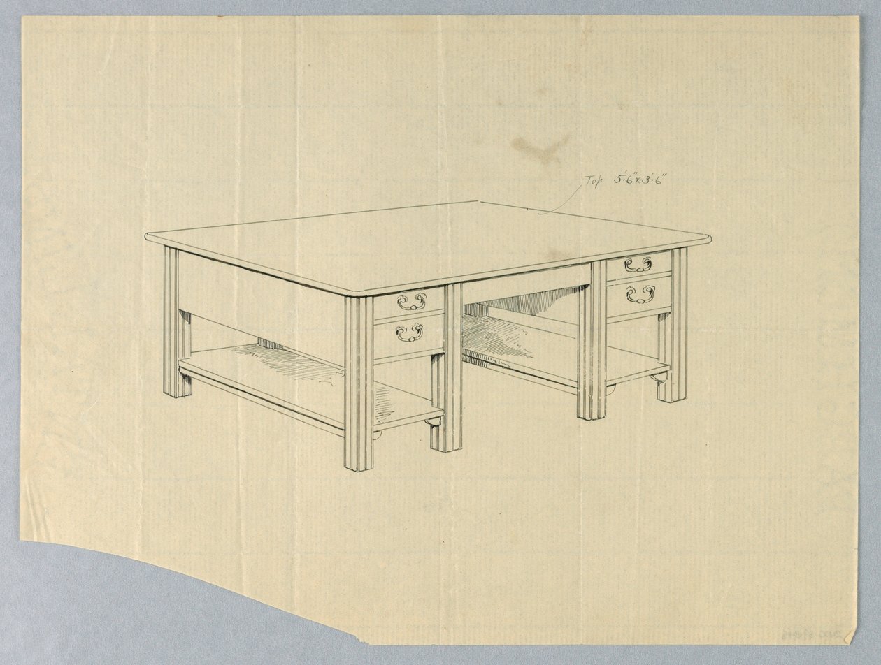 Dibujo, Diseño para Mesa de Biblioteca Masiva con Patas Cuadradas Estriadas y Estantes Abiertos de Unbekannt