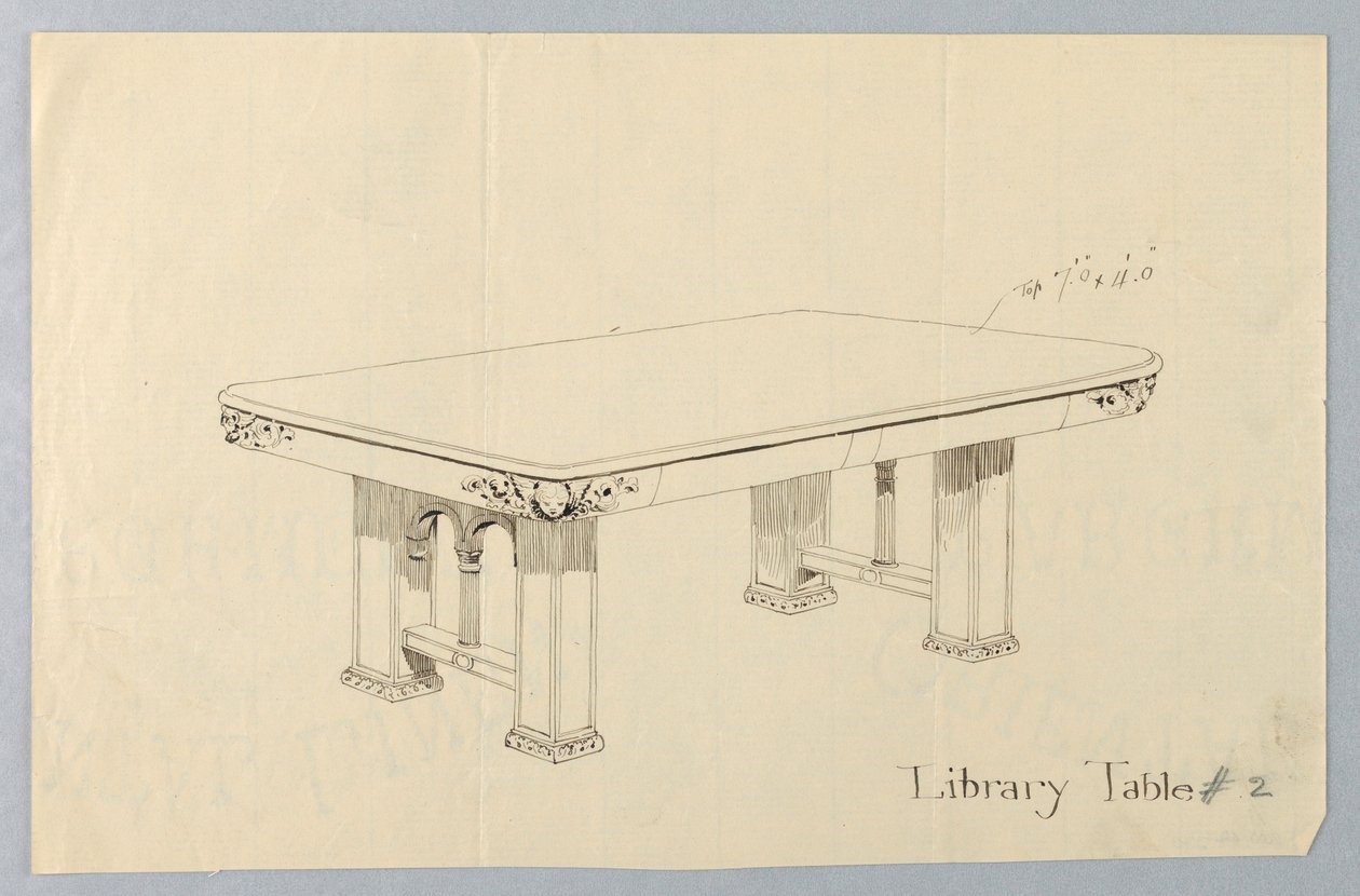 Dibujo, Diseño para Mesa de Biblioteca Rectangular #2 con Caras de Putti Talladas en Cada una de las Esquinas Redondeadas de Unbekannt