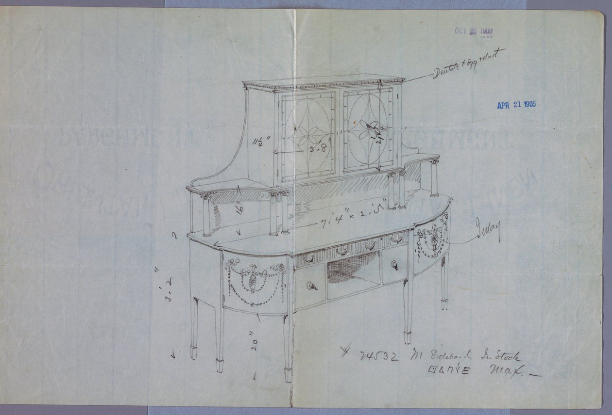 Dibujo, diseño para aparador con gabinete de puerta de vidrio arriba de Unbekannt