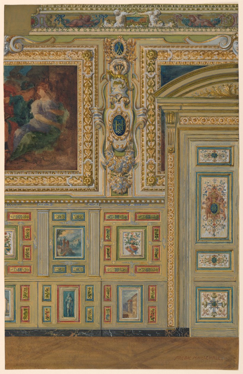 Dibujo, Sección de una pared mostrando grupos de paneles pintados, Cámara Oval, Salón Luis XIV, Palacio de Fontainebleau, Francia de Unbekannt