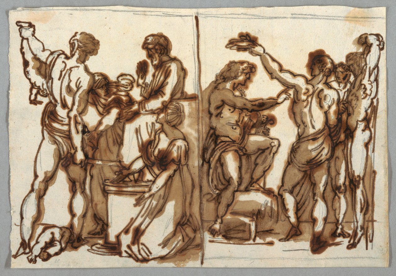El juicio de Salomón; El desollamiento de Marsias, ca. 1820 de Unbekannt