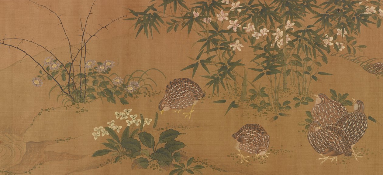 Patos, flores y codornices, dinastía Ming, 1368-1644 de Unbekannt