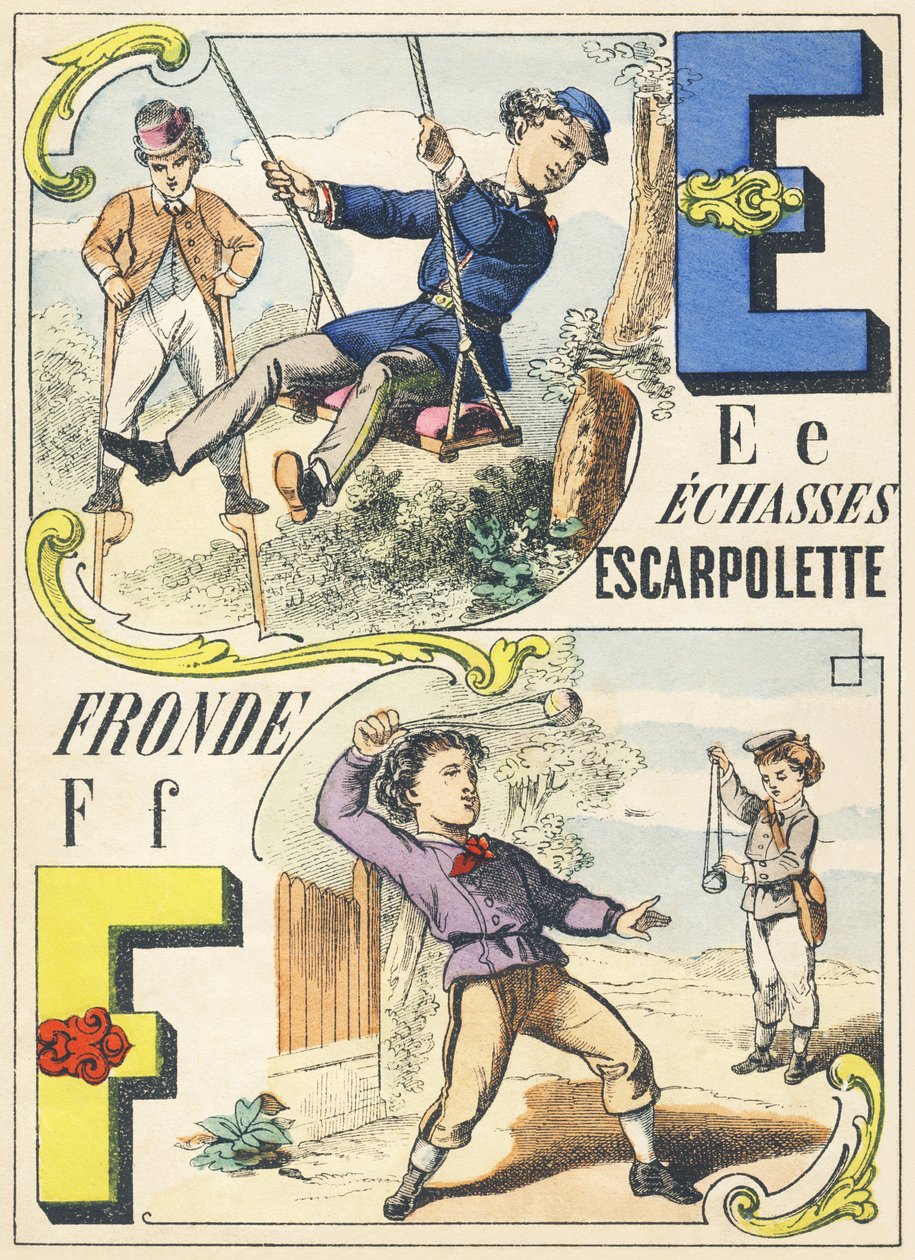 E F: zancos, columpio, honda - Alfabeto de juegos, c.1890 de Unbekannt