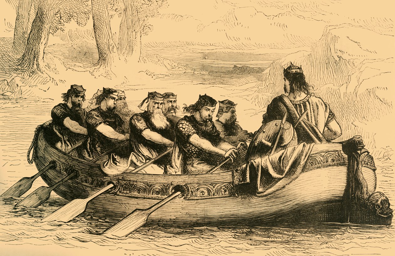 Edgar el Pacífico siendo remado por el río Dee por ocho príncipes tributarios de Unbekannt