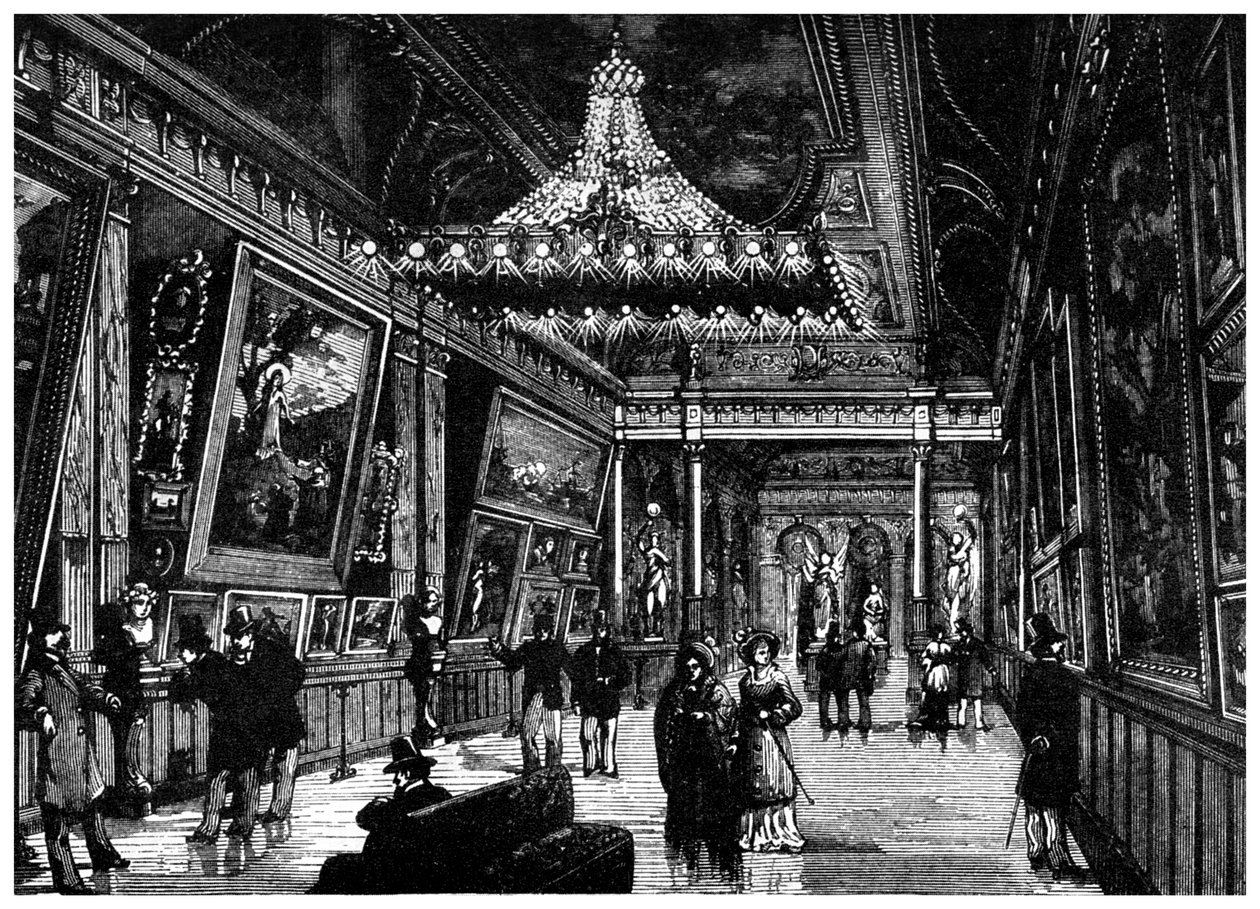 Las lámparas incandescentes de Edison iluminan una galería de arte de Nueva York, 1882 de Unbekannt