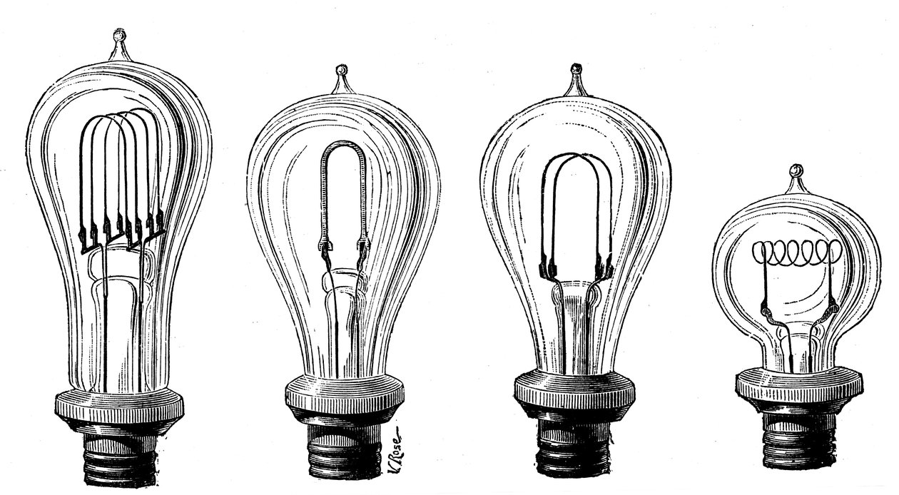 Lámparas incandescentes de Edison mostrando varias formas de filamento de carbono, 1883 de Unbekannt