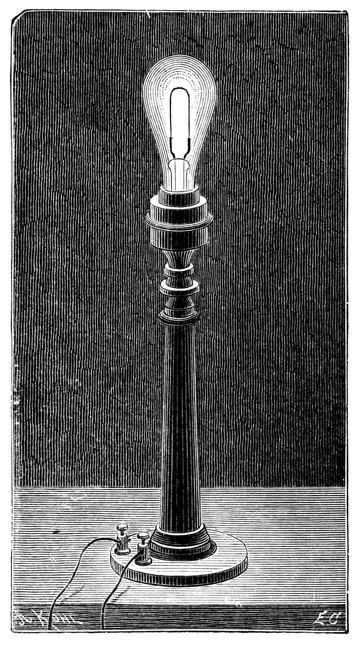 Globo de luz incandescente de Edison en una lámpara de mesa, 1891 de Unbekannt
