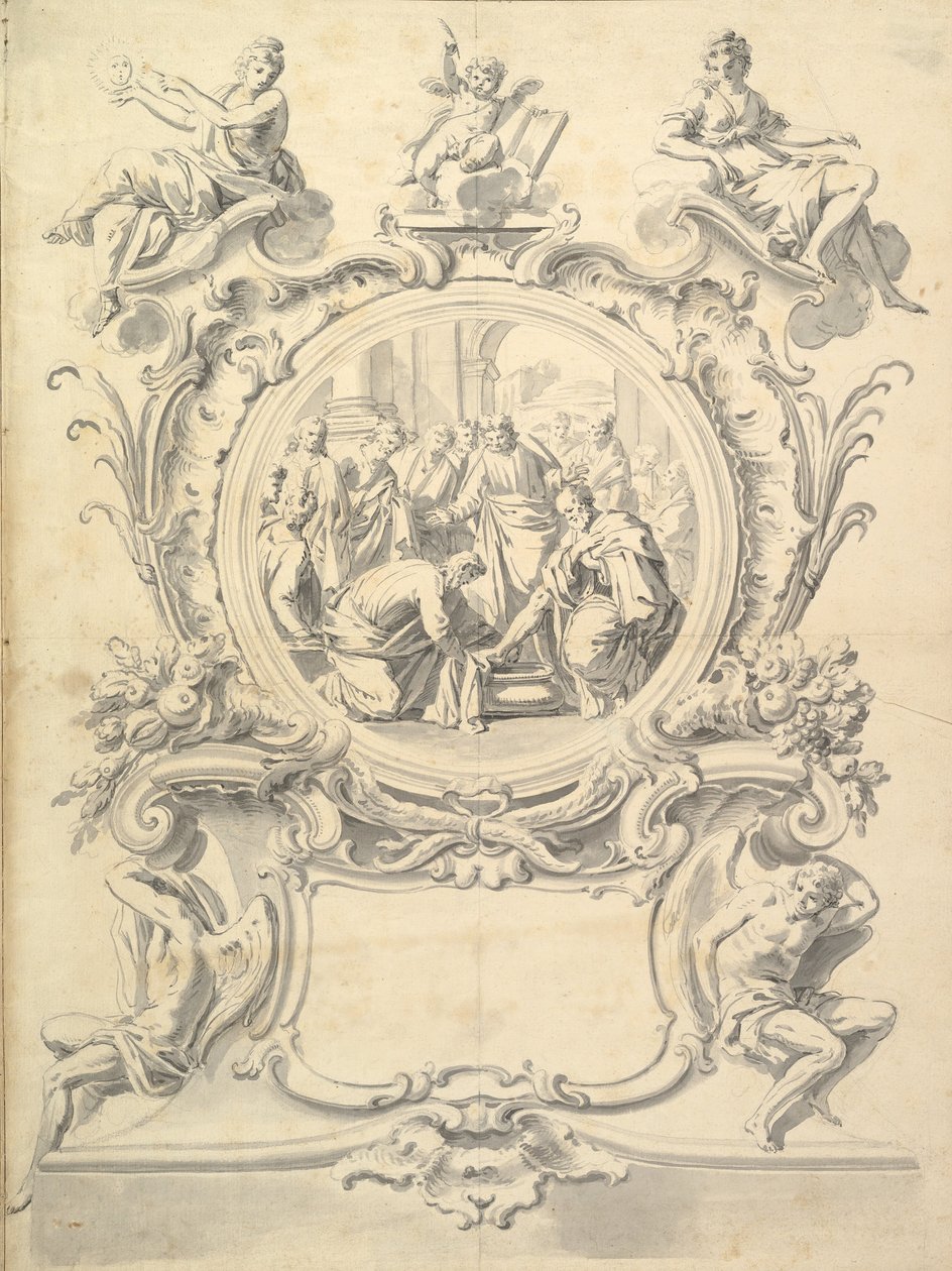 Rondel elaboradamente enmarcado de Cristo lavando los pies de los apóstoles, después de 1800 de Unbekannt
