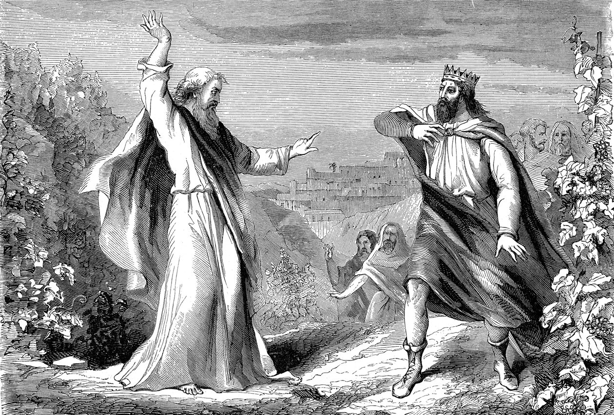 Elías, profeta del Antiguo Testamento, denunciando a Acab, rey idólatra de Israel, en la viña de Nabot de Unbekannt