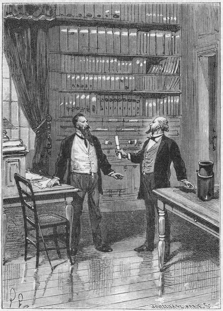 Elisha Gray, inventor estadounidense, presentando la advertencia para su teléfono, 1876, c1890 de Unbekannt