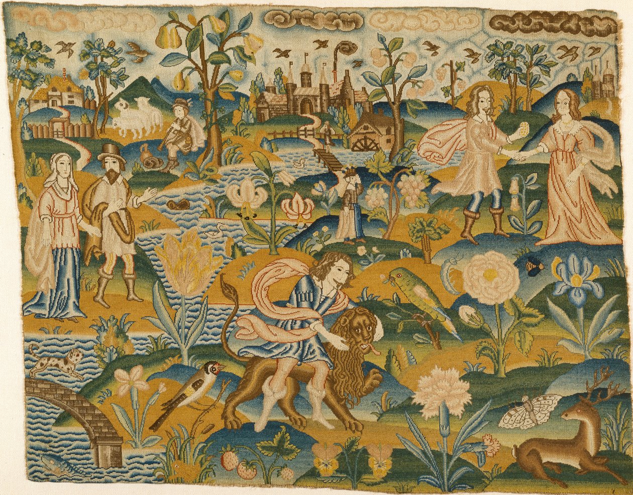 Imagen bordada: Hombre con un león en un paisaje con dos parejas, segunda mitad del siglo XVII de Unbekannt