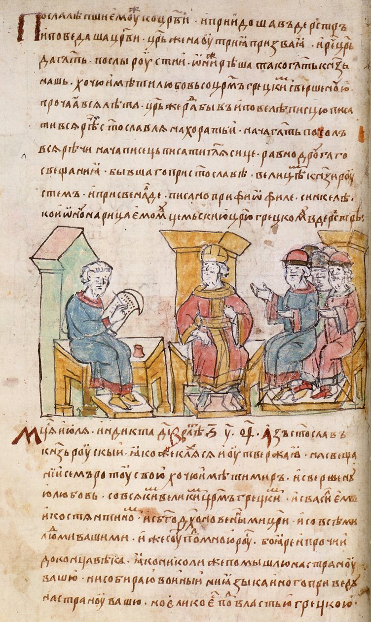 Emperador Juan I Tzimiskes reuniéndose con embajadores de Sviatoslav I de Kiev del Crónica de Radziwill de Unbekannt
