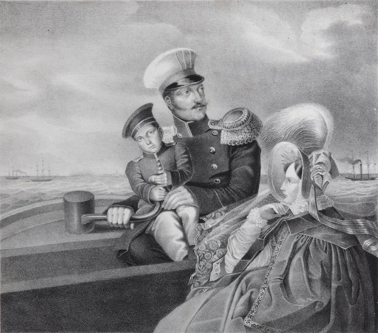 Emperador Nicolás I y la Emperatriz Alexandra Fyodorovna con su hijo Konstantin Nikolaevich en un paseo en bote de Unbekannt