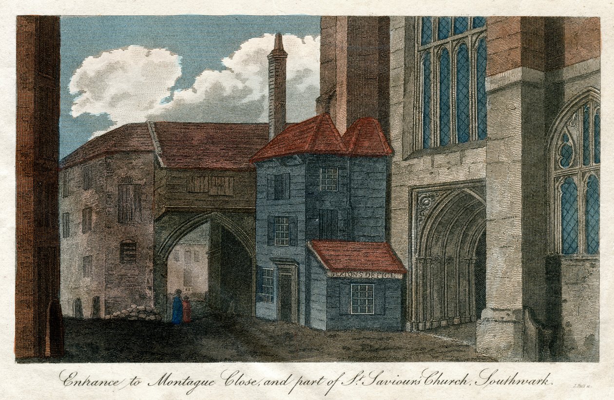 Entrada a Montague Close y parte de la Iglesia de San Salvador, Southwark, Londres, 1814 de Unbekannt