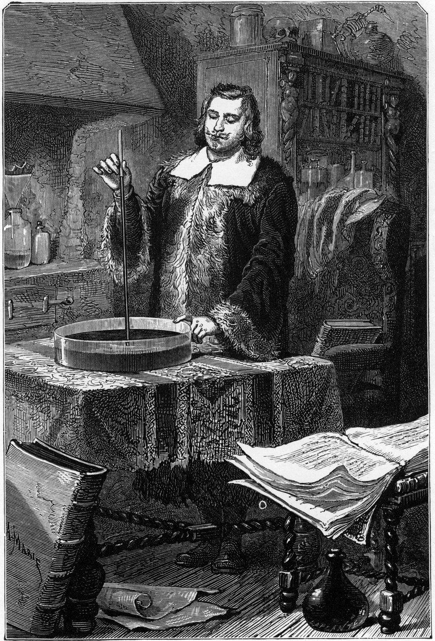 Evangelista Torricelli, físico italiano, inventando el barómetro de mercurio, 1643 1873 de Unbekannt