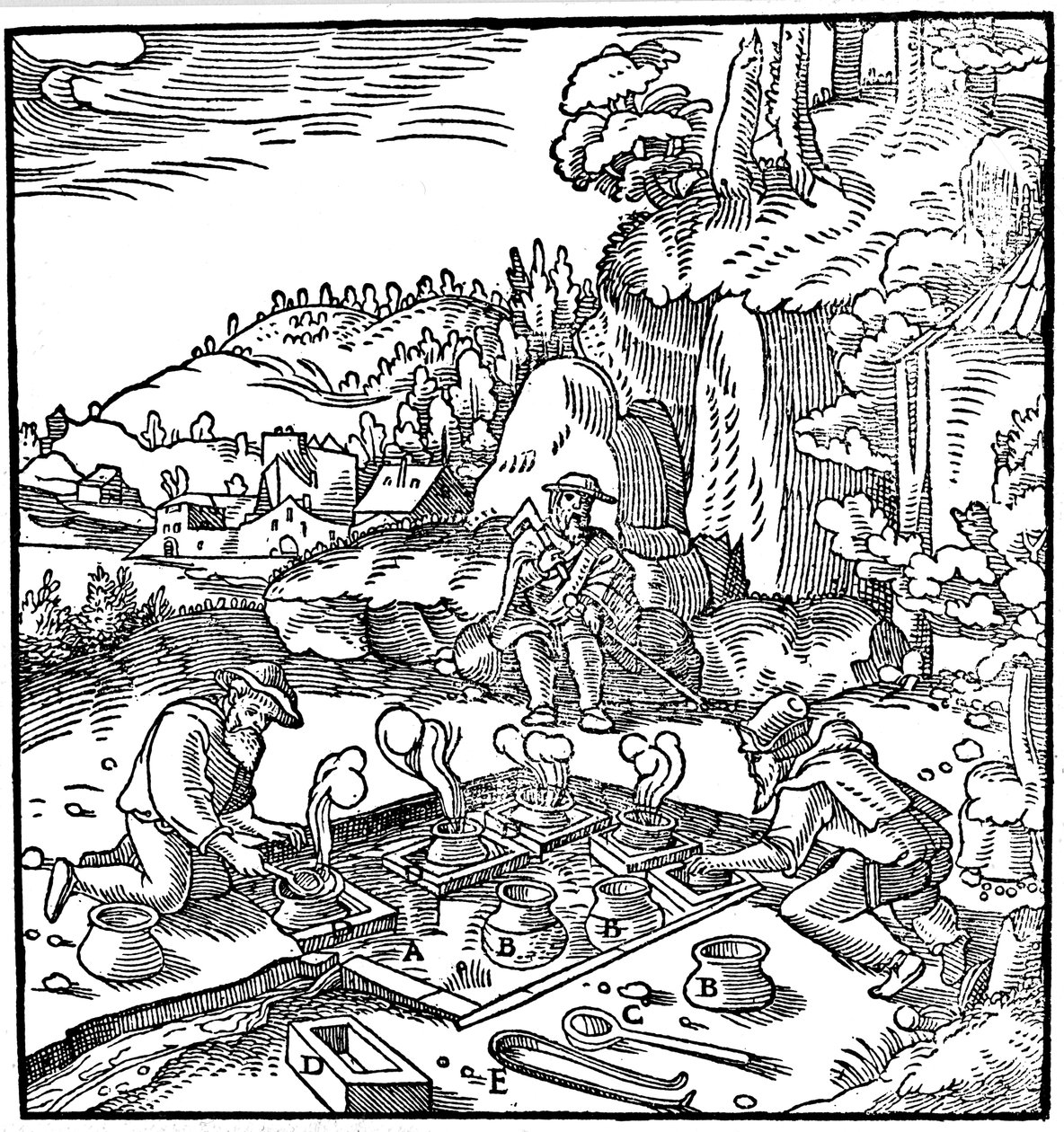 Evaporación de salmuera en una fuente termal natural para obtener sal, 1556 de Unbekannt