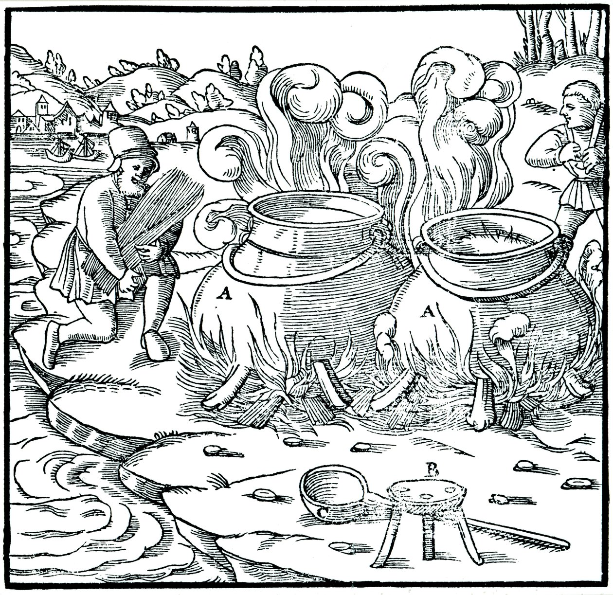 Evaporando agua de mar en ollas de hierro para obtener sal, 1556 de Unbekannt