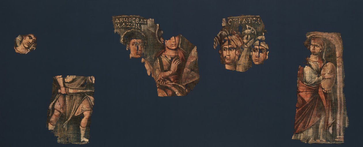 Pintura del Éxodo, cinco elementos de una colgadura pintada que representa..., mediados del siglo II-mitad del siglo IV de Unbekannt