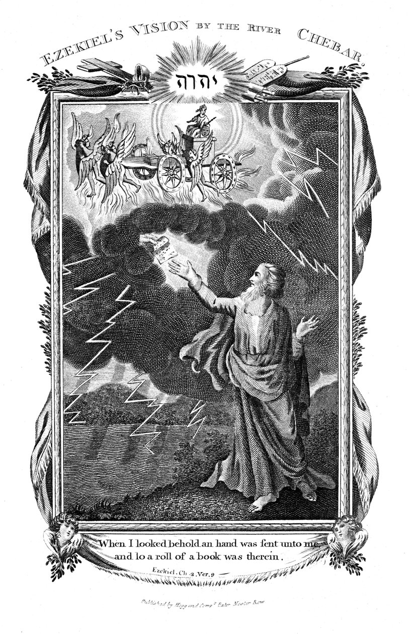 La visión de Ezequiel de un carro en el cielo y una mano en las nubes sosteniendo un libro hacia él, 1804 de Unbekannt