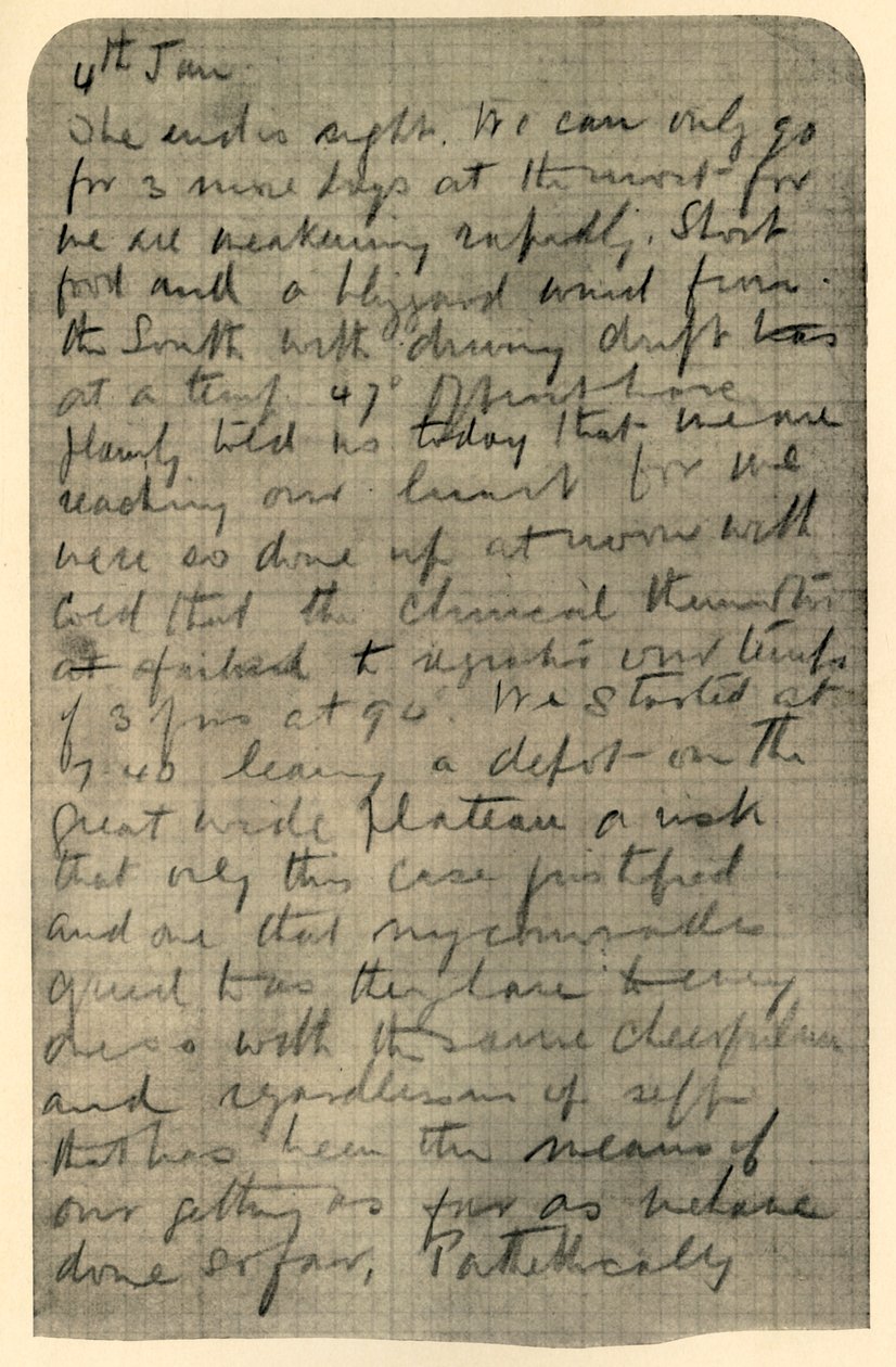 Facsímil de una página del diario de Shackleton, 4 de enero de 1909 de Unbekannt