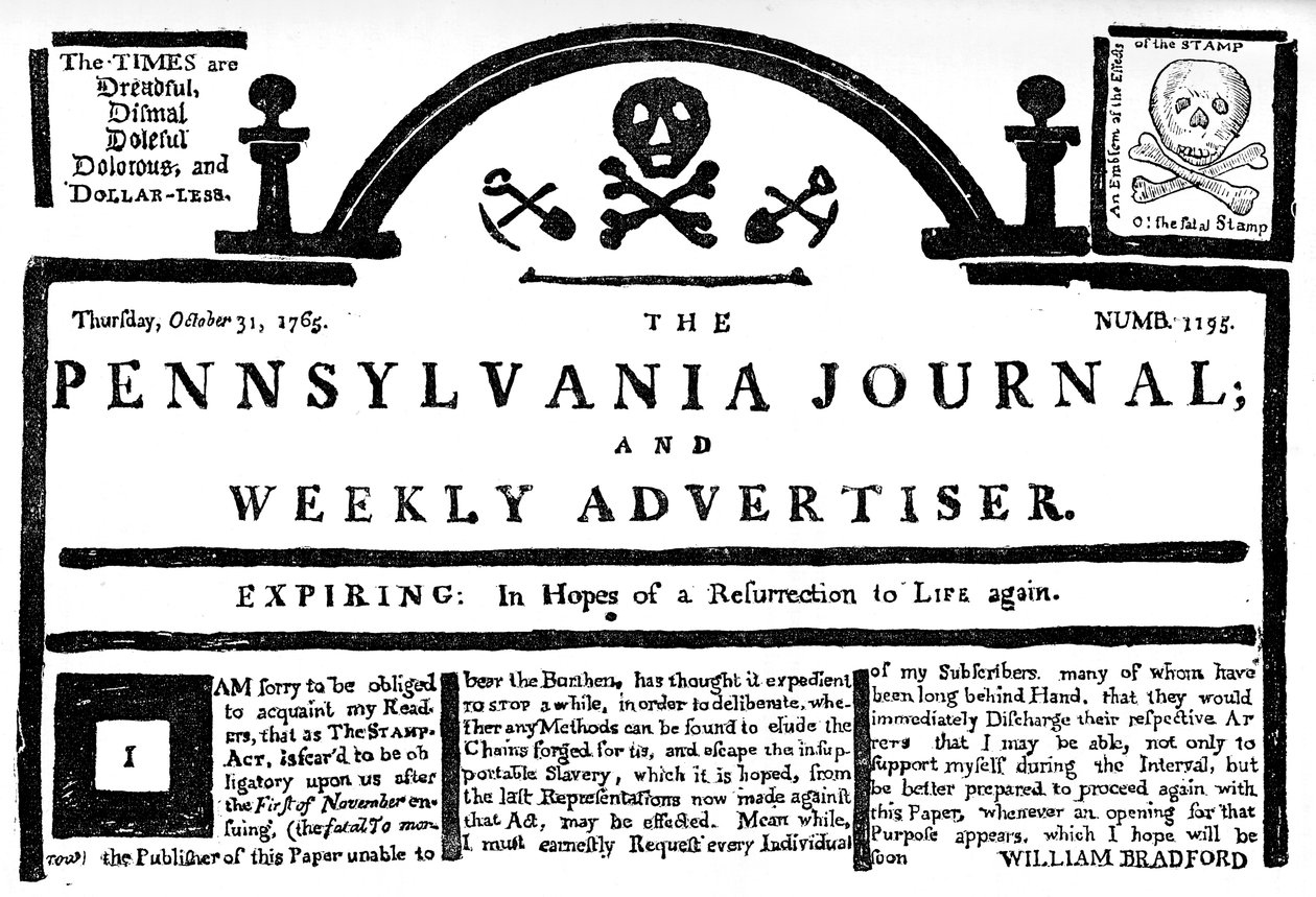 Facsímil del Pennsylvania Journal sobre la Ley del Timbre, 1765 c1880 de Unbekannt