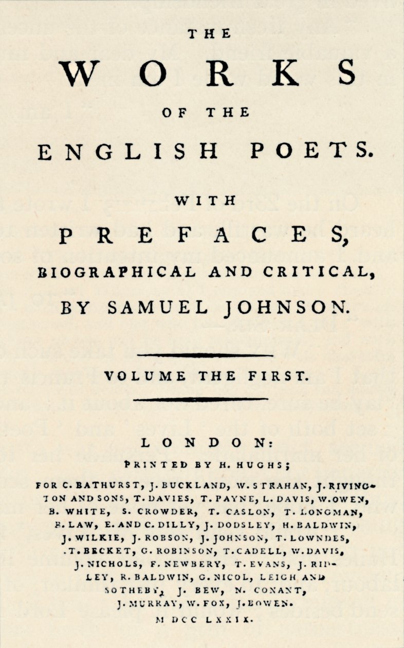 Facsímil de la portada de la primera edición de Las Obras de los Poetas Ingleses, que contiene Johnsons de Unbekannt