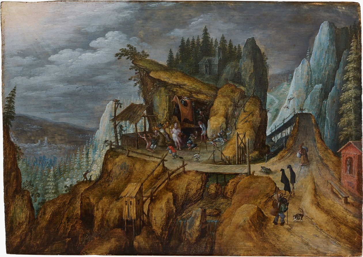Paisaje rocoso fantástico con la tentación de San Antonio, 1600 de Unbekannt