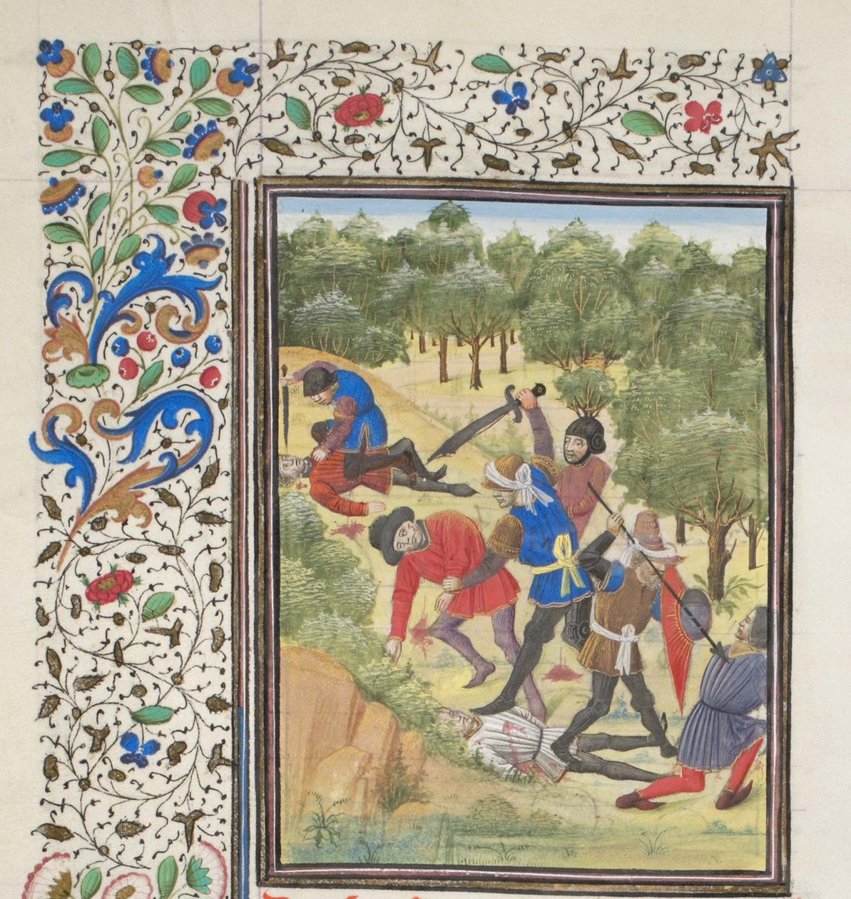 Lucha en un bosque entre cristianos y sarracenos. Miniatura de la Historia de Guillermo de Tiro, 1460s de Unbekannt