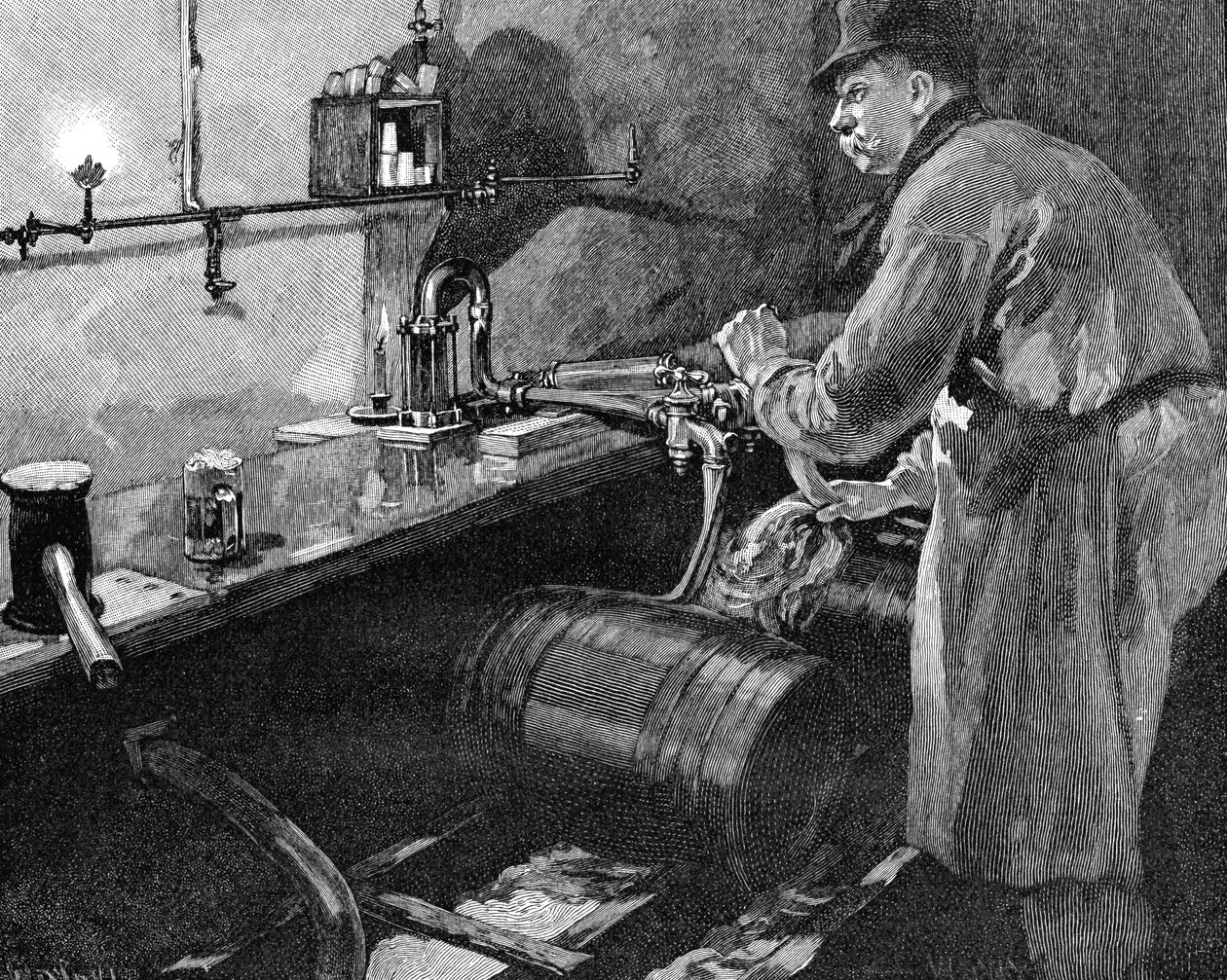 Llenando barriles de cerveza en una cervecería estadounidense, 1885 de Unbekannt