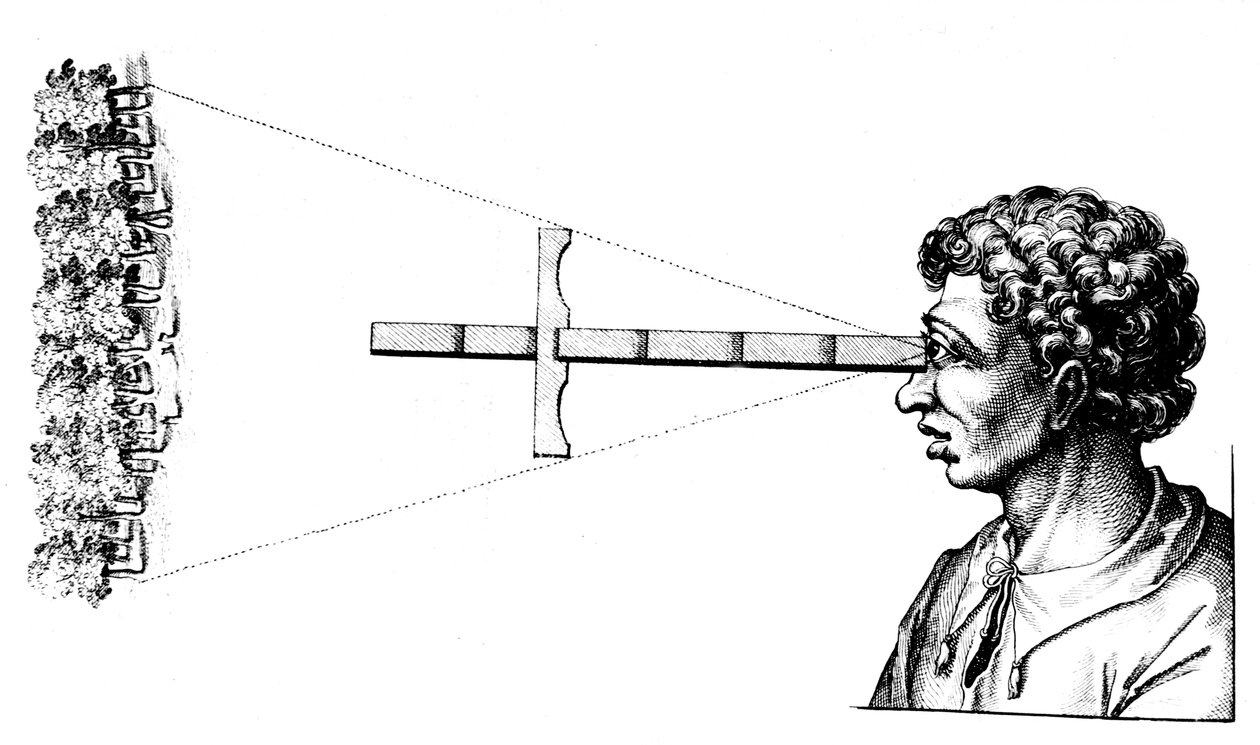 Midiendo la distancia angular entre dos bordes de una madera usando un bastón de cruz, 1617-1619 de Unbekannt