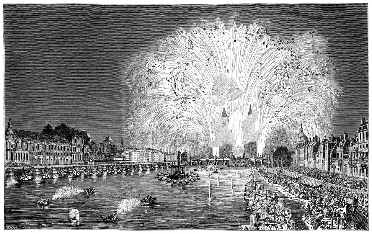 Fuegos artificiales en el puente, París, 1754, 1885 de Unbekannt