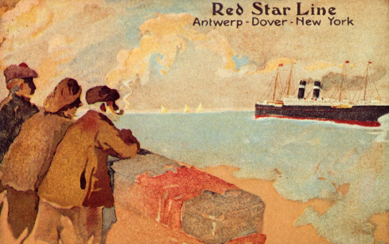 Pescadores y marineros observando un transatlántico Red Star, c. 1900 de Unbekannt