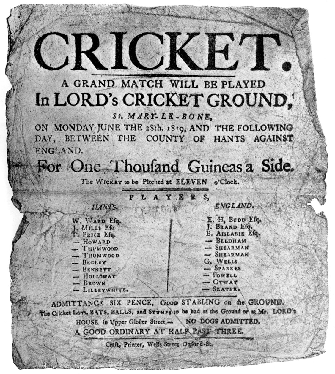 Folleto publicitario de un partido de cricket entre Hampshire e Inglaterra, 1819 1912 de Unbekannt