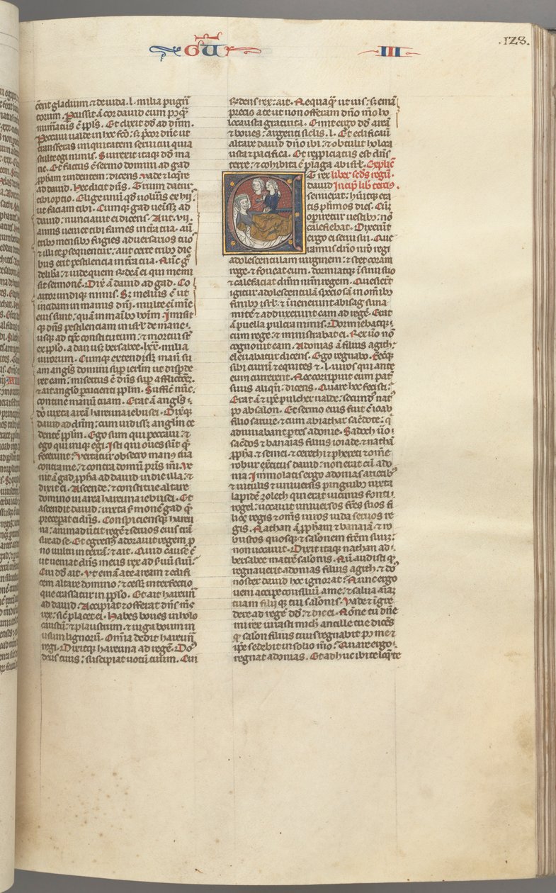 Fol. 123r, Reyes III, inicial historiada E, un asistente trayendo a Abisag a David..., c. 1275-1300 de Unbekannt
